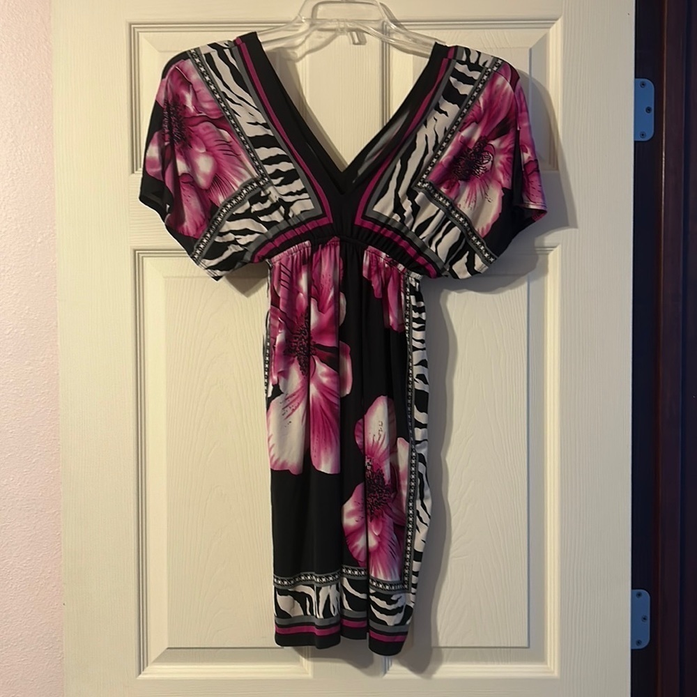 Body Central Black & Purple Floral & Zebra Print Dress Small